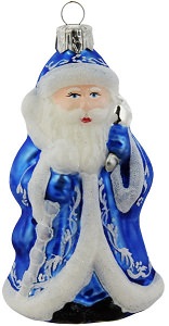 glas figur af julemand i blå pels
