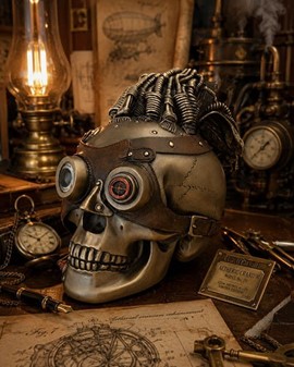 GODE GAVER. Flot Veronese figur af Steampunk kranie med læder hår