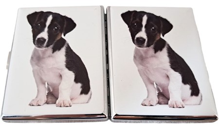 Metal cigaretetui med søde hvalpemotiv – nuttet Jack Russell