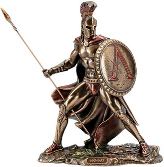 INDRETNING AF STUE. Flot bronzefigur af Leonidas med skjold og spyd