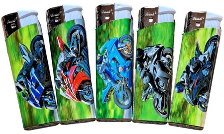 ENGANGSLIGHTER MED HURTIGE MOTORCYKLER. Lightere med billeder, 5 stk