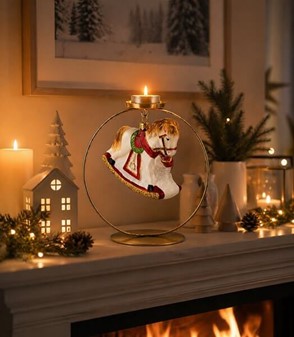 SPECIELLE JULEKUGLER. Glas hvid gyngehest med rød sløjfe. 14,5 cm