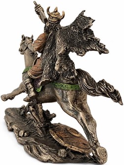 Viking på Hest i Kamp. Lille bronzefigur - en miniature saga