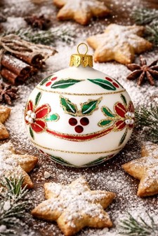 Mundblæst glas julepynt. Julekugler i porcelæn hvid med rød blomst