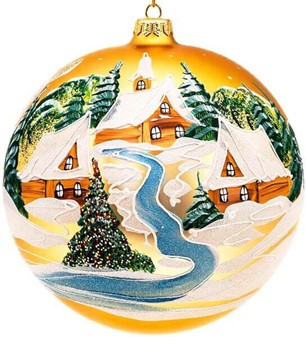 JULEKUGLER 20 CM. Eksklusiv julekugle i guld med vinterlandskab