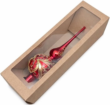 Glas topspir til juletræ i skinnende rød og gylden dekoration. 35 cm