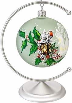 Polsk glas julepynt. Grøn julekugle med en fugl på lanterne. Ø 10 cm