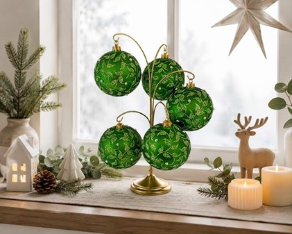 Billige grønne glas julekugler med et plantemotiv, Ø 10 cm 6 stk
