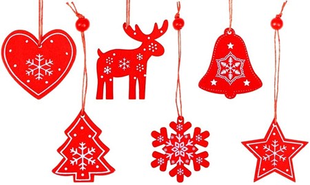 Juleophæng. Miks af seks mønstre juletræ vedhæng rød med hvide snefnug