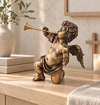 FIGURER PYNT. Smuk, dekorativ bronze figur af engel med trompet