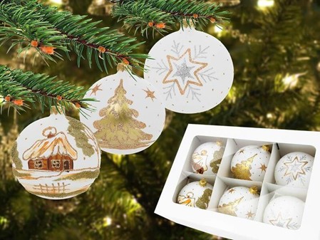 Polske pulver hvide julekugler med gyldne dekorationer, Ø 10 cm 6 stk