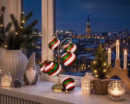 Hvide julekugler fra Polen med røde og grønne striber. Ø 8 cm, 6 stk