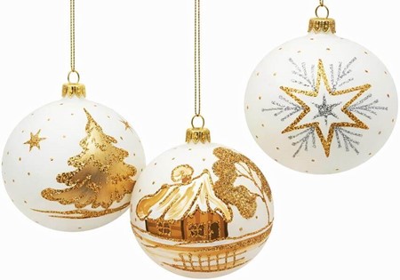 Polske pulver hvide julekugler med gyldne dekorationer, Ø 10 cm 6 stk