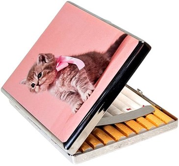 Stilfuldt Cigaretetui i Metal med Kattebilleder. Til 20 stk cigaretter