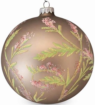 Glas julekugle stor, mat grå med en delikat plantedekoration. Ø 15 cm