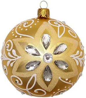 Smuk gylden julekugle dekoreret med store krystaller. Ø 10 cm