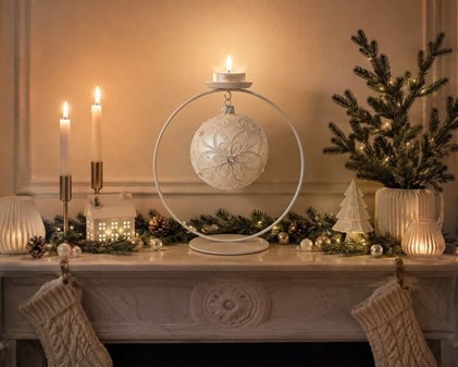 Julepynt butik. Polsk hvid julekugle med hvid dekoration. Ø 10 cm