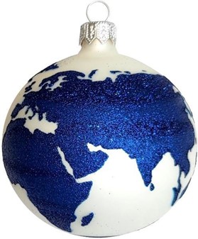 Polske julekugler i hvid med et marineblåt glitter verdenskort. Ø 8 cm