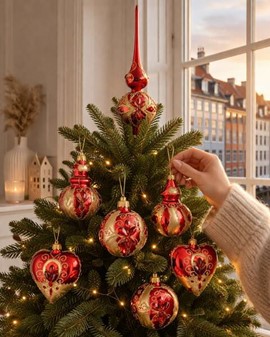 Fang julens lys: Rød-guld glas julekugler med Swarovski krystaller