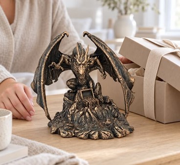 Mytisk Drage og Skat Figur. Beskyt dit rige med skattevogter i bronze