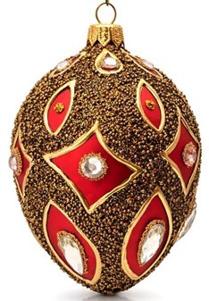 Smukt rigt dekoreret julepynt, polsk rød glas æg a la Fabergé. 13 cm