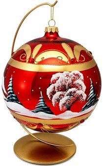 Skarlagenrøde julekugle med gulddekoration og vinterlandskab. Ø 20 cm