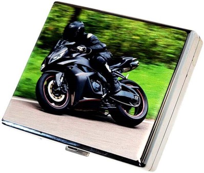 Stilfuldt Metal Cigaretetui med Sort Sportsmotorcykel - Perfekt Gave