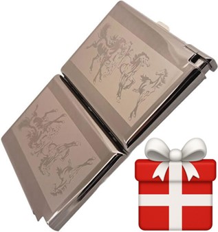 Cigaret etui metal med lighter. Elegant grafitdesign med heste