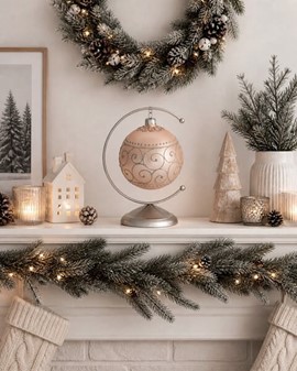 Laksefarvede julekugler med sølvglitter plantemotiver. Ø 10 cm, 6 stk