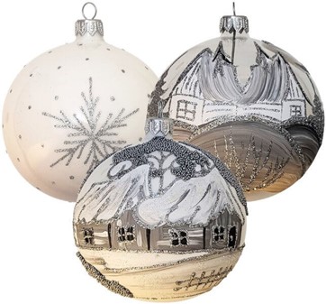 Julekugler med motiv. Sølv hytter på gennemsigtigt glas, Ø 10 cm 6 stk