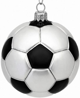Julepynt fodbold. Glas julekugle i form af sort og sølv fodbold