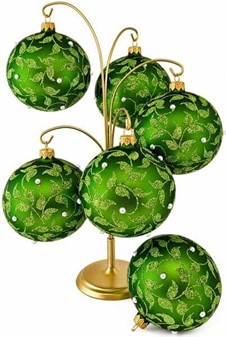 Billige grønne glas julekugler med et plantemotiv, Ø 10 cm 6 stk