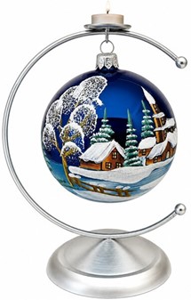 Skinnende, glitrende og smukke blå julekugler med vinterlandskab. 10cm