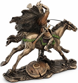 Viking på Hest i Kamp. Lille bronzefigur - en miniature saga