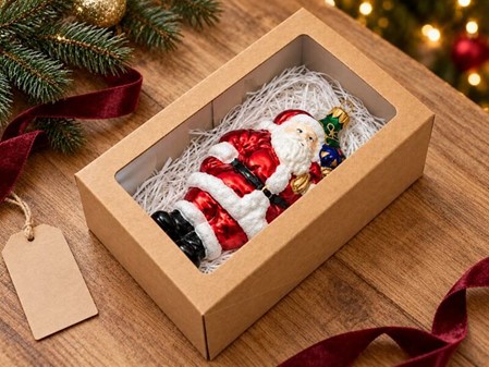 Juletræspynt figurer. Håndlavet glas julemanden med sæk fuld af gaver