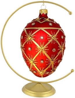 Håndmalet jule glas pynt i rød Fabergé æg form. Julefigur H: 13 cm