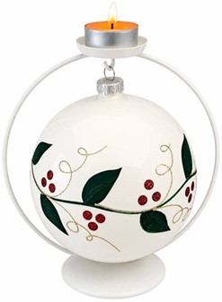 Store julekugler i hvid. Porcelæn blank finish med grøn blade, Ø 15cm
