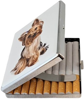 Cigaretetui metal til 20 cigaretter med Yorkshire Terrier-design