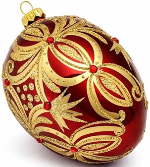 Smuk, glas julepynt i vin rød Fabergé æg form. Julefigur H: 13 cm