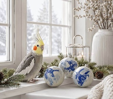 Billig julepynt. Julekugler i porcelæn hvid med hollandsk vindmølle