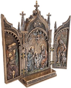 Foldbart helligt kunstværk. Triptykon i bronze til juledekoration