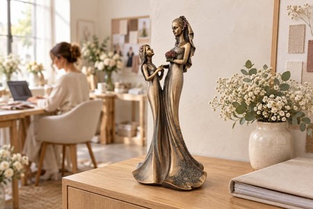 BRYLLUPSFIGUR. Smuk bryllupsgave, bronzefigur Bruden med brudepige