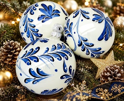 Polske julekugler i porcelænhvid med blå blomstermotiv. Ø 8 cm. 6 stk