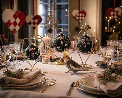 Polsk glas julekugle i sort mat med lyserød blomsterdekoration. 12 cm