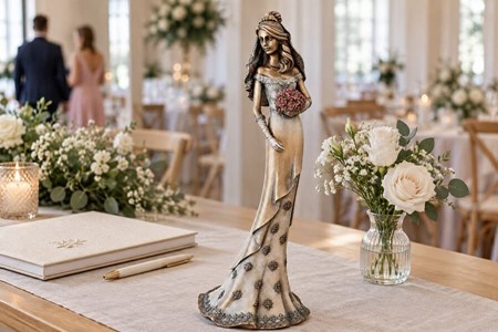 BRYLLUPSFIGUR. Smuk bronze figur af bruden med en bryllupsbuket