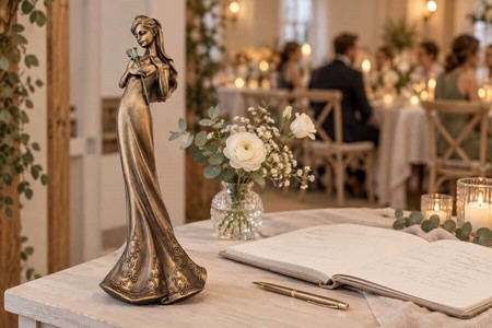 BRYLLUPSFIGURER. Smuk bronze skulptur af brudepige med lilje