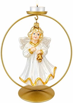Jule glas figur fra Polen. Sød engel i hvid med klokke. H: 16 cm