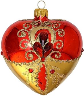 Rød/guld blank julekugler glas i form af et hjerte. Ø100 mm, 4 stk