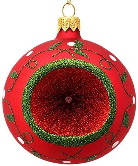 Julekugle med reflektor, mat karmin med grøn glitter, Ø 8 cm 6 stk