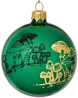Juletræspynt glas. Gennemsigtig grøn julekugle med svampe, Ø 8 cm